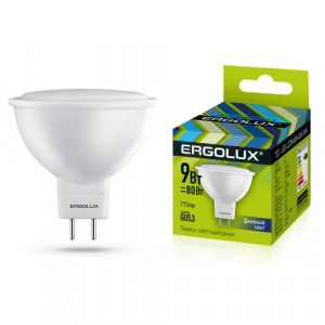 Ergolux MR16 GU5.3 220V  9W(770lm 100°) 6500K 6K матовая 50x52 пластик/алюм. LED-JCDR-9W-GU5.3-6K