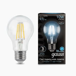 Gauss Filament лампа ЛОН A60 E27 10W(970lm) 4100K 4K 105x60 филамент (нитевидная), прозр. 102802210