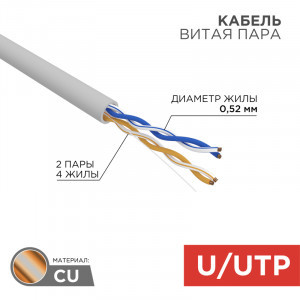 REXANT Кабель витая пара U/UTP, 2х2х0,52 24AWG Cat5e , INDOOR, SOLID, серый, 305м цена/бухта 02-0002
