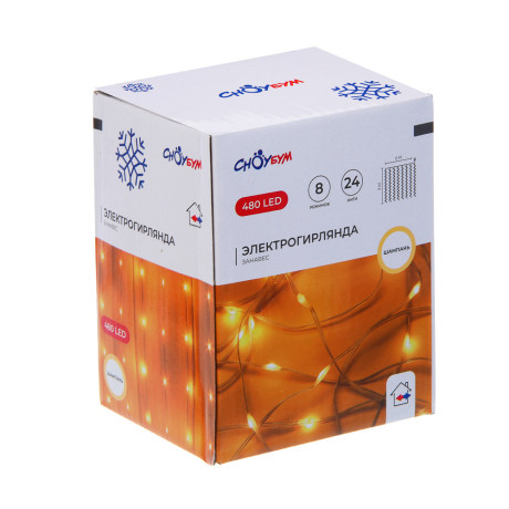 СНОУ БУМ Гирлянда эл. занавес нить росы 6х3м, 480LED, 24 нити, шампань, 8 реж, ПВХ прозрачный, 220В