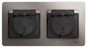 Systeme Electric GLOSSA роз. СУ 2 мест. платина (пл.осн., земля, штор., крыш, IP44) GSL001247 (5!)