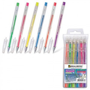 Ручки гел. BRAUBERG, набор 6 шт., "Jet", неоновые, узел 0,7мм, линия 0,5мм, ассорти, 141034