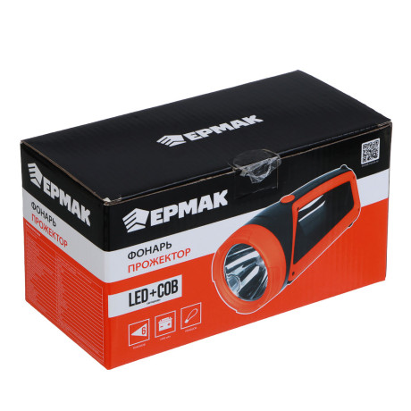 Фонарь прожектор тм ЕРМАК, LED + COB, 6 режимов, 2400мАч, USB кабель, 9х9х20см, пластик
