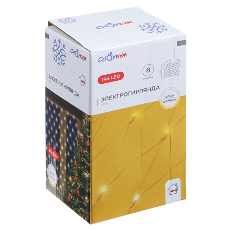 СНОУ БУМ Гирлянда эл. сеть водопад 1,6x1,6м, 144LED,белый/шампань, 8 режимов, ПВХ прозр.,220В