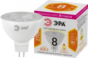 ЭРА стандарт MR16 GU5.3 220V 8W (650lm) 2700K 2K софит линз  50х50 MR16-8W-827-GU5.3 8094