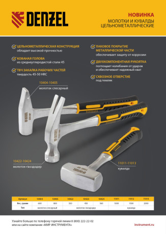 Молоток-гвоздодер 450 г, цельнометаллический, двухкомпонентная рукоятка Denzel