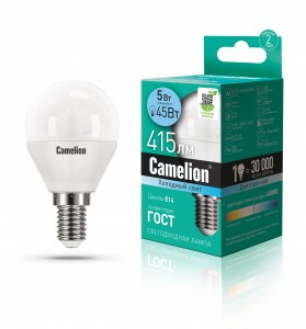 Camelion Шар G45 E14 5W(415lm 220°) 4500K 4K матов. 80x45 пластик LED5-G45/845/E14