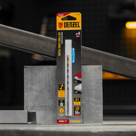 Сверло спиральное по металлу 4 х 119 мм, Р6М5, Golden Tip, удлиненное Denzel