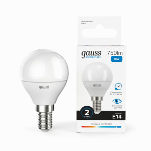 Gauss Elementary лампа Шар G45 E14 10W(750lm) 6500K 6K матов., пластик 53130