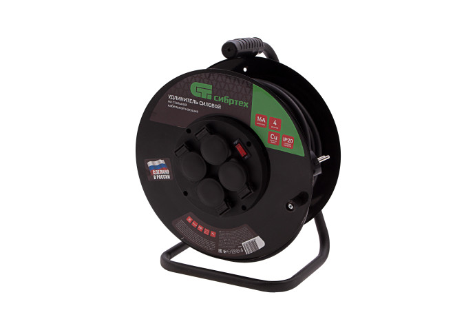 Удлинитель силовой 30 м, 16А, тип УХз16, КГ 3 x 1.5 мм, на стальной катушке, 4 розетки Сибртех