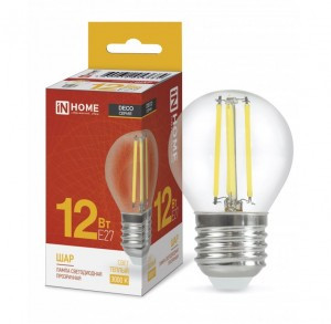ASD/InHome лампа св/д Deco Шар P45 E27 12W(1350lm) 3000К 2K 78x45 филамент (нитевидн) прозр. 3684