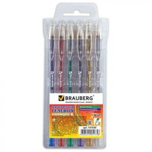 Ручки гел. BRAUBERG, набор 6 шт., "Jet", чернила с блестками, узел 1мм, линия 0,8мм, ассорти, 141030