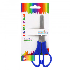 ClipStudio Ножницы школьные 13см с линейкой, пластиковые ручки, 3 цвета, на карточке с подвесом