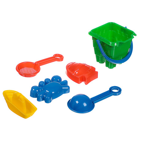 ИГРОЛЕНД Набор для игры в песке, 6 пр., ведро, лопатка, грабли, 3 формочки, 4 диз., для детей 3+