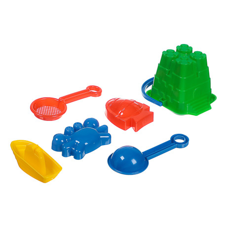 ИГРОЛЕНД Набор для игры в песке, 6 пр., ведро, лопатка, грабли, 3 формочки, 4 диз., для детей 3+