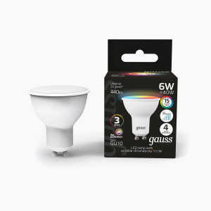 Gauss MR16 GU10 упр. димм. 6W(440lm) RGBW 53x50 матов., пластик (б/пульта 768869) Smart 101106406
