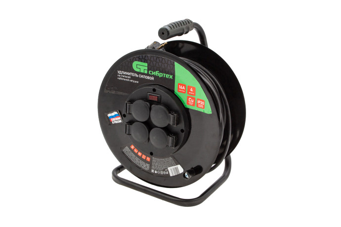 Удлинитель силовой 30 м, 16А, тип УХз16, КГ 3 x 2.5 мм, на стальной катушке, 4 розетки Сибртех