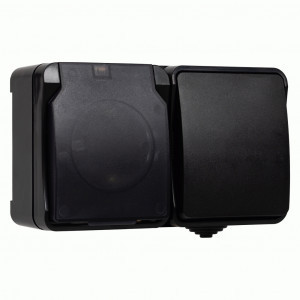 SmartBuy Сатурн блок (1 выкл. + роз. земля) ОУ 16А черный IP54 SBE-04b-16-SWS