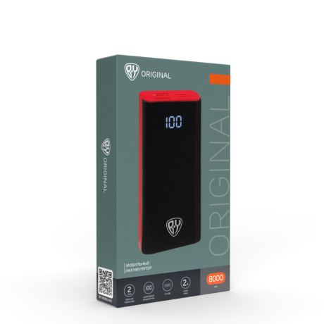 BY Аккумулятор мобильный, 8000 мАч, 2xUSB, 2А, дисплей, прорезиненный, красный