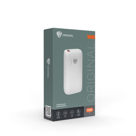 BY Аккумулятор мобильный Мини, 5000мАч, USB/Type-C, Быстрая зарядка QC3.0+PD, 5A, белый