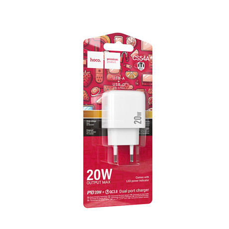 hoco. Зарядное устройство модель CS54A, USB-С PD 20W+QC3.0, цвет: белый