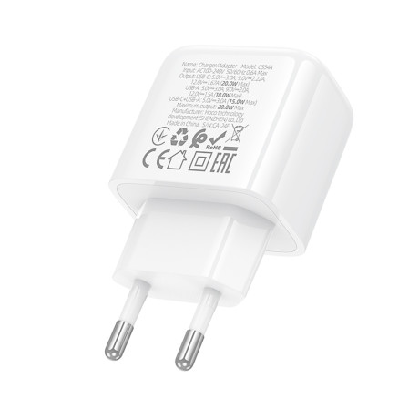 hoco. Зарядное устройство модель CS54A, USB-С PD 20W+QC3.0, цвет: белый