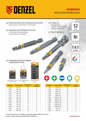 Бита PZ2х50, сталь S2, шестигранный профиль, 10 шт. Е 6,3 Denzel