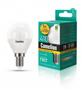 Camelion Шар G45 E14 5W(410lm 220°) 3000K 2K матов. 80x45 пластик LED5-G45/830/E14