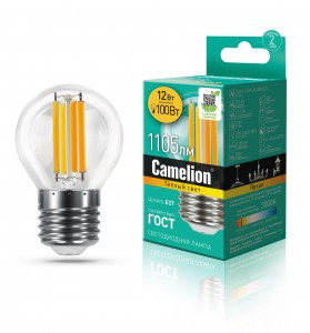 Camelion Шар G45 E27 12W(1105lm) 3000K 2K филамент 75x45 LED12-G45-FL/830/E27 (10!)