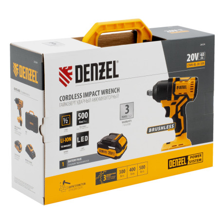 Гайковерт ударный аккумуляторный бесщет. CIWH-BL-20-500, Li-Ion, 20 В// Denzel