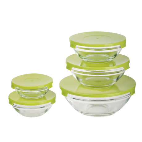 MILLIMI Набор салатников с крышкой 5 шт: 900/ 500/350/200/130 мл, стекло, пластик, оливковый