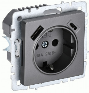 IEK BRITE мех. роз. СУ земля, штор. 16А с USB A+C 18Вт РЮш11-1-БрС сталь BR-R14-16-U22-018-K46