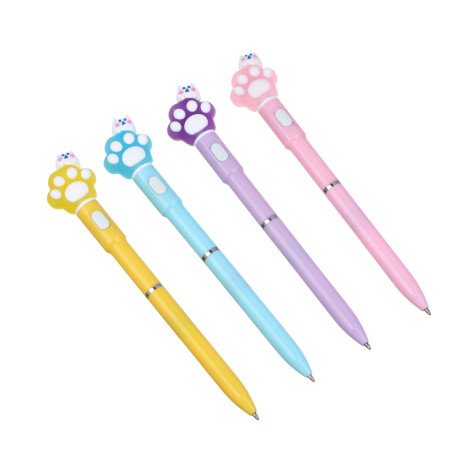 Ручка шариковая синяя, с внутренней подсветкой и фигуркой "Котик на лапке", 4 цвета