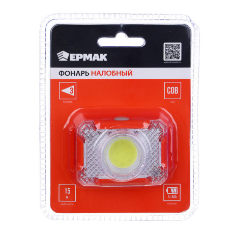 ЕРМАК Фонарик налобный, 1 COB, 3xAAA, 3 режима, пластик, 65х45х27 мм