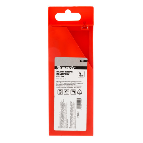 Набор сверл по дереву, 4-5-6-8-10 мм, 5 шт, цилиндрический хвостовиковик, пластиковый кейс, Matrix