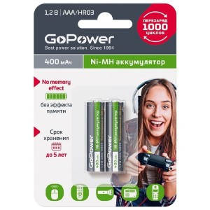 Аккумулятор GoPower HR03 BL2 NI-MH 400mAh (2/20/320)