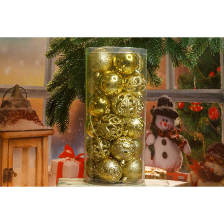 Набор елочных украшений Р29 золото Шары 24шт 6см (6шт глянец, 6шт блестки, 6шт ажур, 6шт фактур.цветы) (32)