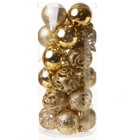 Набор елочных украшений Р29 золото Шары 24шт 6см (6шт глянец, 6шт блестки, 6шт ажур, 6шт фактур.цветы) (32)