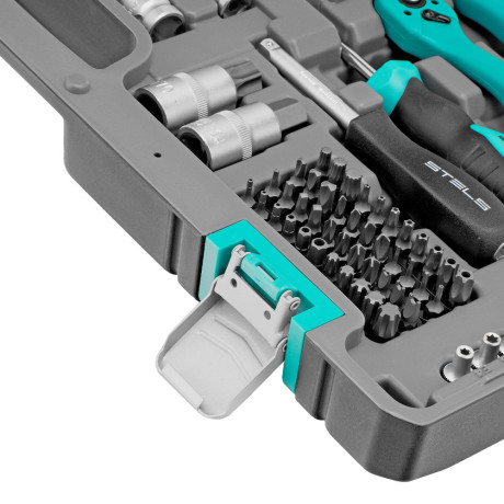 Набор инструментов, 1/4", 3/8", 1/2", Cr-V, S2, усиленный кейс, 216 предметов Stels