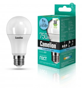 Camelion ЛОН A60 E27 9W(720lm 270°) 4500K 4K матов. 109x60 пластик LED9-A60/845/E27