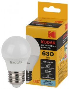 KODAK шар P45 E27 7W(630lm) 4000K 4K 80х45 170-265В P45-7W-840-E27 2 года 57615