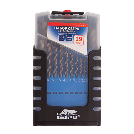 Набор сверл по металлу, 1-10 мм (через 0.5 мм) 19 шт, Р6М5, многогранная заточка, бокс Барс