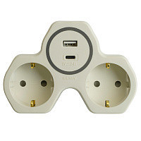 STEKKER Разветвитель (тройник) 2роз. (земля) 16A USB+Type C 2.4A белый/серый ADP16-15-20 50071