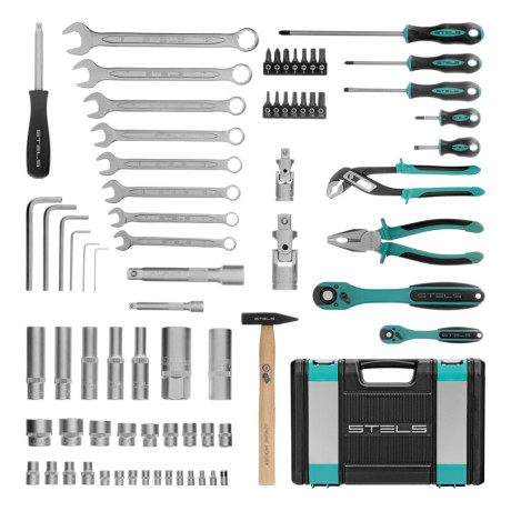 Набор инструментов, 1/2", 1/4", CrV, 12 гранные головки, пластиковый кейс, 76 предметов Stels