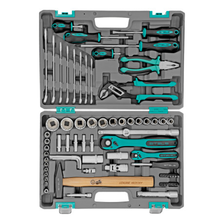Набор инструментов, 1/2", 1/4", CrV, 12 гранные головки, пластиковый кейс, 76 предметов Stels