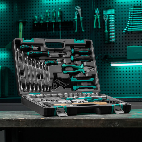 Набор инструментов, 1/2", 1/4", CrV, 12 гранные головки, пластиковый кейс, 76 предметов Stels