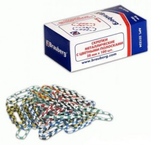 Скрепки BRAUBERG 28 мм с цветными полосками, 100 шт., в карт. коробке, 221534