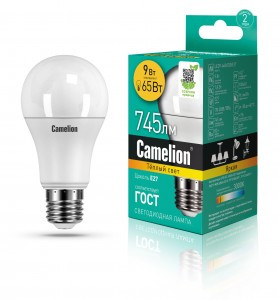 Camelion ЛОН A60 E27 9W(745lm 270°) 3000K 2K матов. 109x60 пластик LED9-A60/830/E27