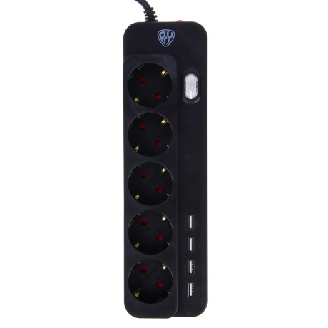Удлинитель, сетевой фильтр 5 гнезд BY 2м, 4xUSB (3А), 0,75кв.мм,10А,2500Вт, чёрный
