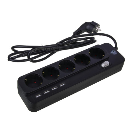 Удлинитель, сетевой фильтр 5 гнезд BY 2м, 4xUSB (3А), 0,75кв.мм,10А,2500Вт, чёрный